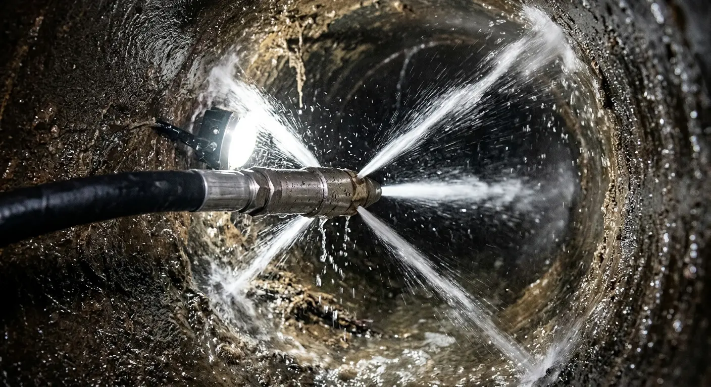 High-pressure hydro jetting nozzle cleaning sewer pipe for Trenchless Sewer Repair in Havre