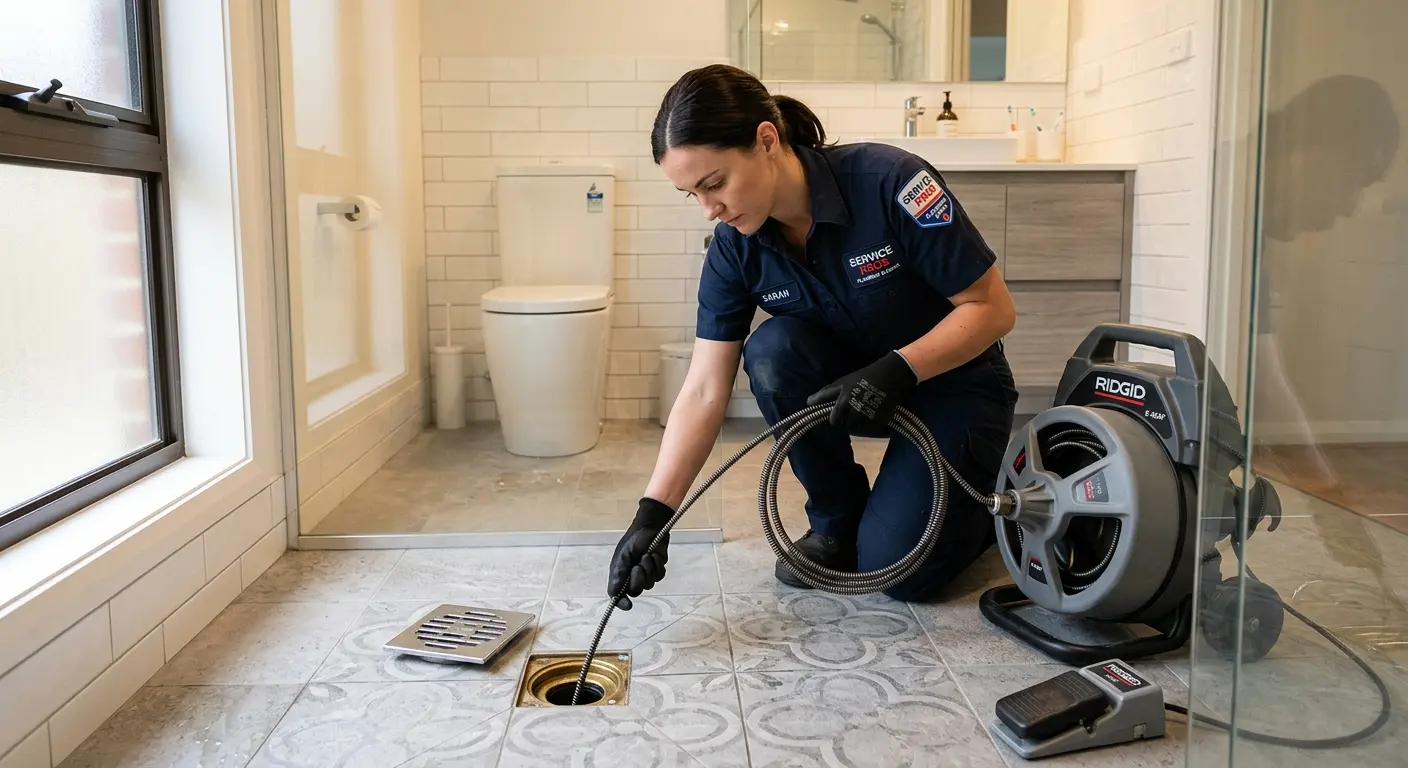 Technician clearing a bathroom floor drain for Hydro Jetting in Havre